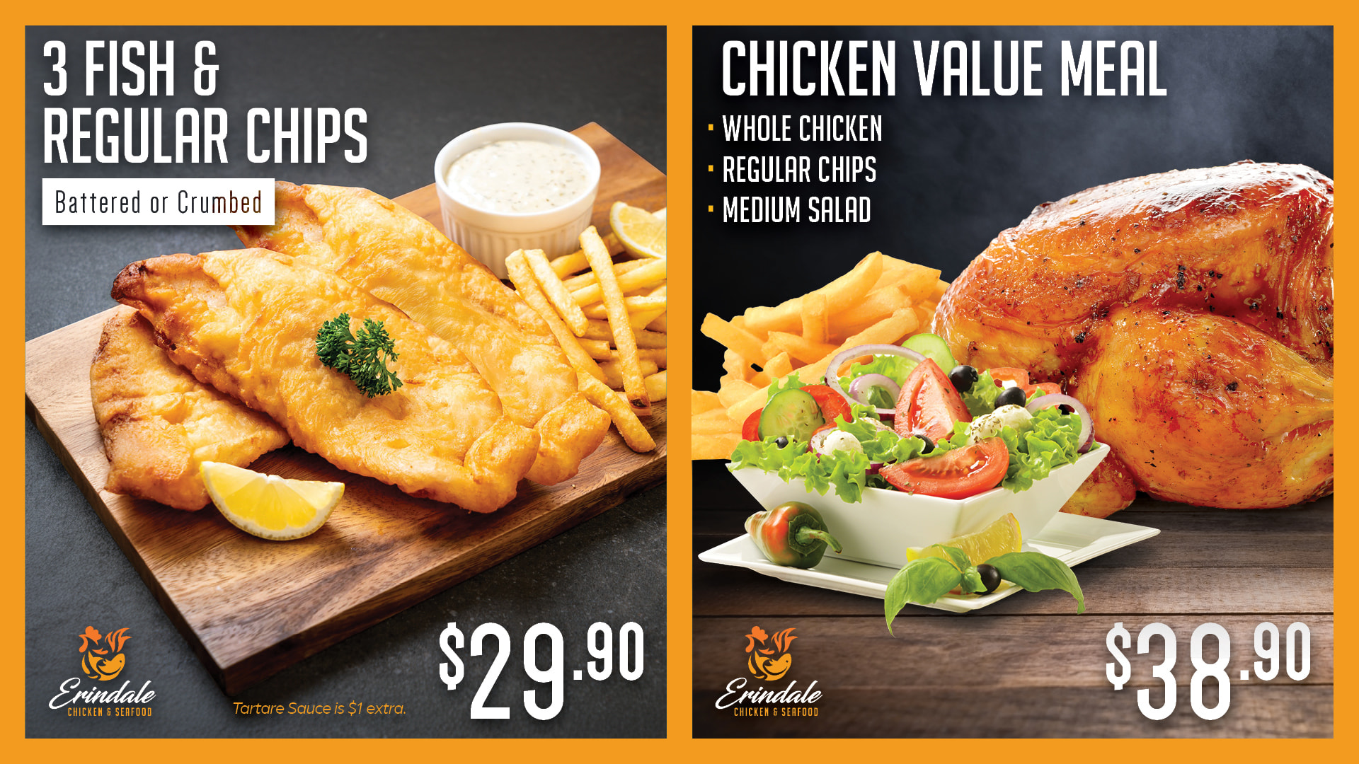 3 Fish & Regular Chips $29.90 and Chicken Value Meal $38.90